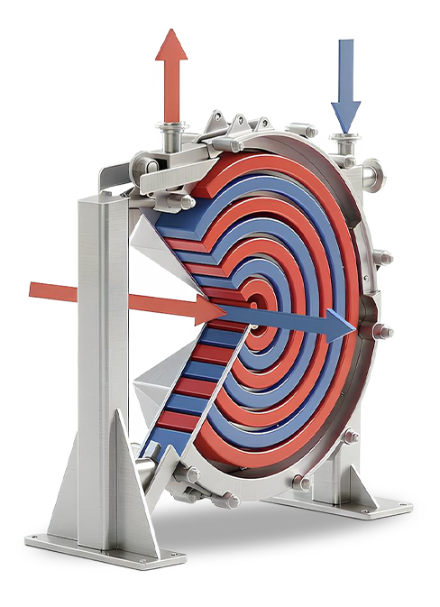 Cutaway diagram showing how a spiral heat exchanger works, with hot and cold flow