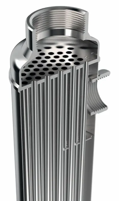 Cutaway of an AIC B-Line heat exchanger showing the straight tube bundle