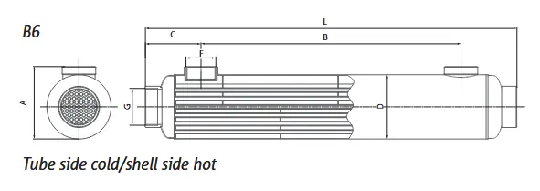 Technical drawing of an AIC B6-Line heat exchanger with dimensions