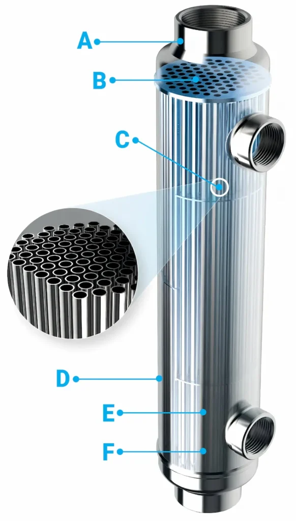 AIC B6-Line heat exchanger with labelled features and a close-up of the tube bundle