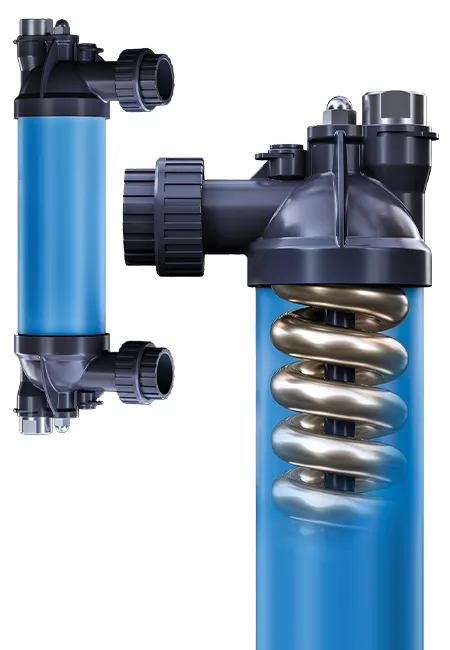 AIC C-Line titanium pool heater with a cutaway showing the internal coil