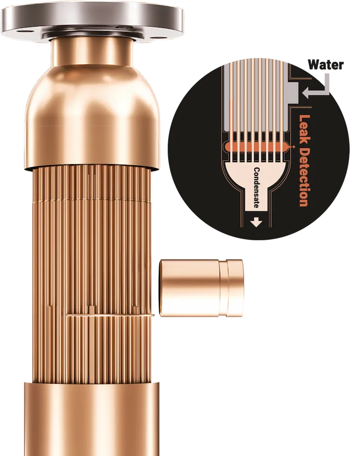 AIC Cobrex double wall heat exchanger with a close-up of the leak detection path