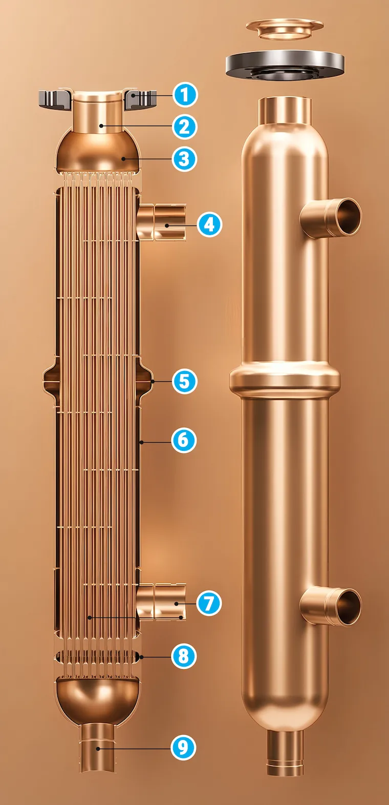 Diagram of an AIC Cobrex double wall heat exchanger with labelled connections