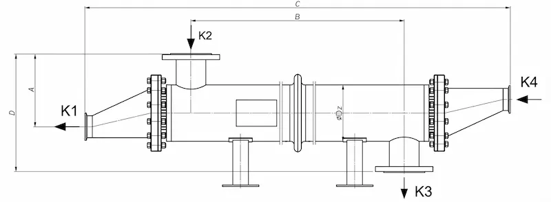 Technical drawing of an AIC P-Line sanitary heat exchanger with dimensions