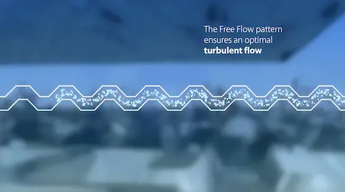 Close-up of the free-flow channel between wide gap plates showing turbulent flow