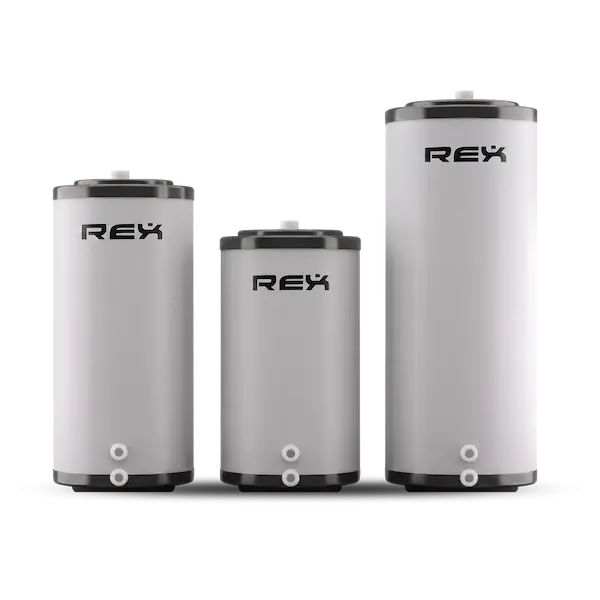 Three AIC REX indirect water heater tanks in different sizes