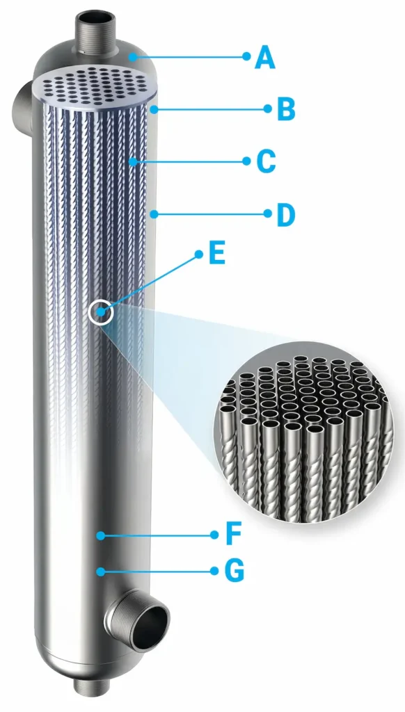 AIC M-Line marine grade heat exchanger with labelled parts and a tube bundle close-up