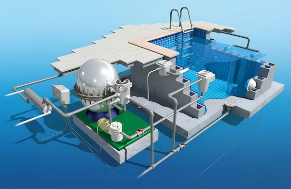 3D illustration of a pool heating installation with boiler and heat exchanger
