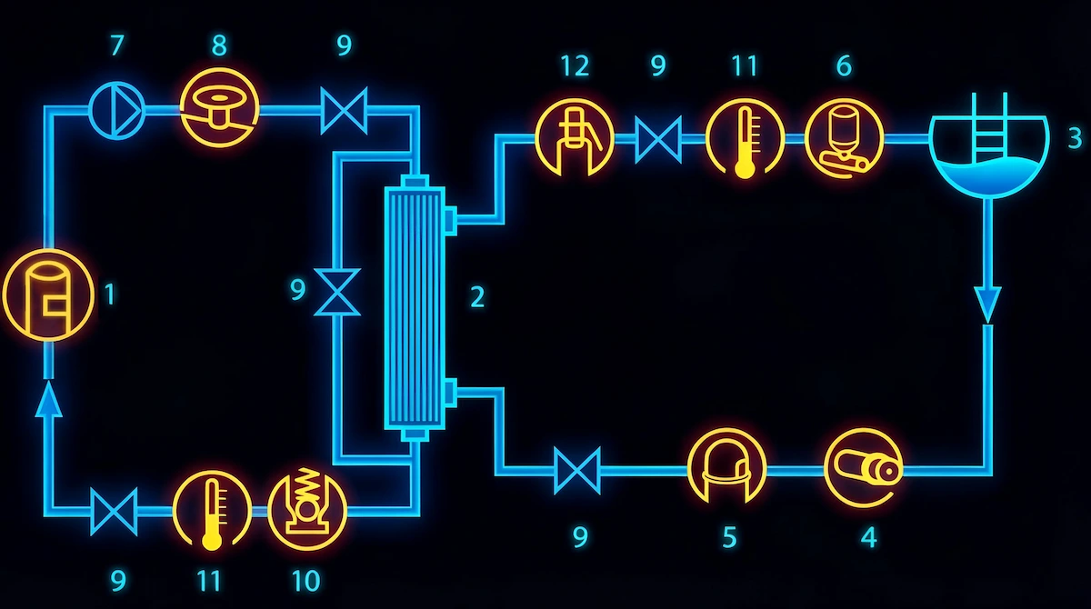 Schematic of a pool heating system with heat exchanger, pumps and valves