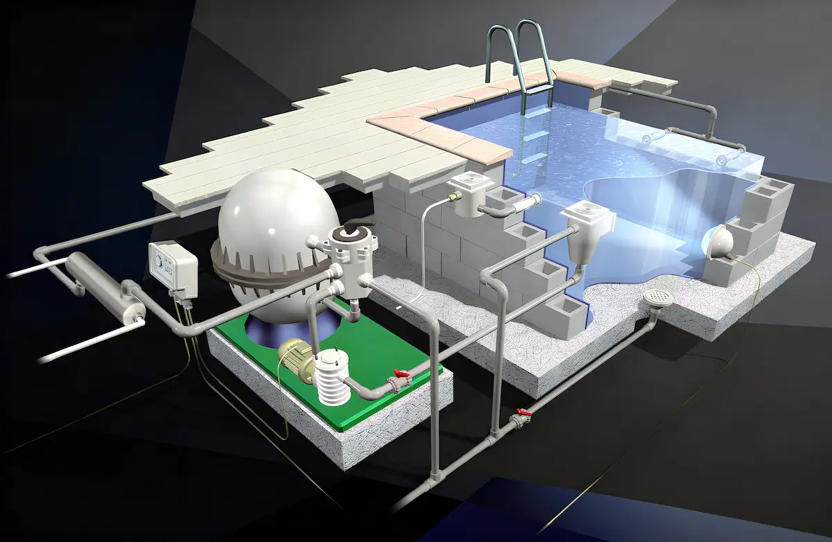 3D illustration of a pool heating installation with boiler and heat exchanger