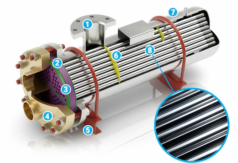Cross-section of an AIC PS/PW shell and U-tube heat exchanger with labelled parts