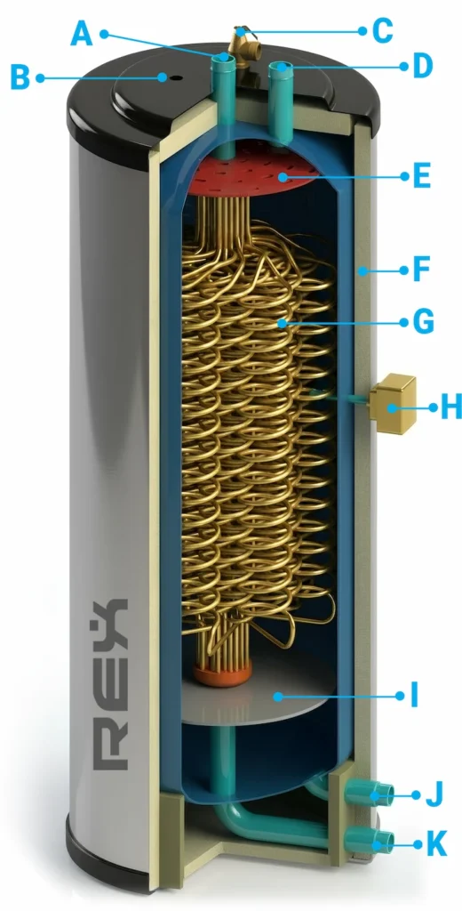 Cutaway of an AIC REX indirect water heater with labelled parts and internal coil