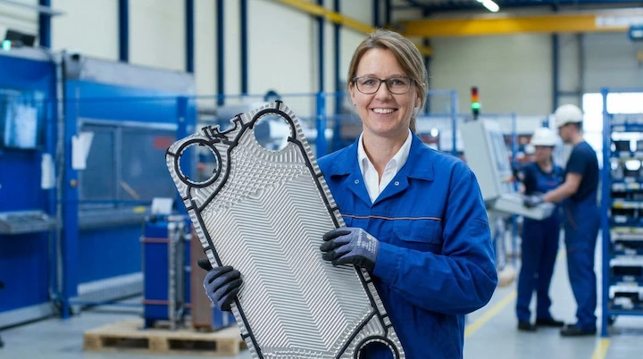 Smiling worker holding a heat exchanger plate in a manufacturing plant