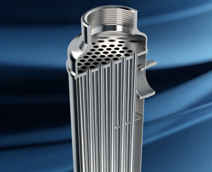 Cutaway of a shell and tube heat exchanger showing the tube bundle