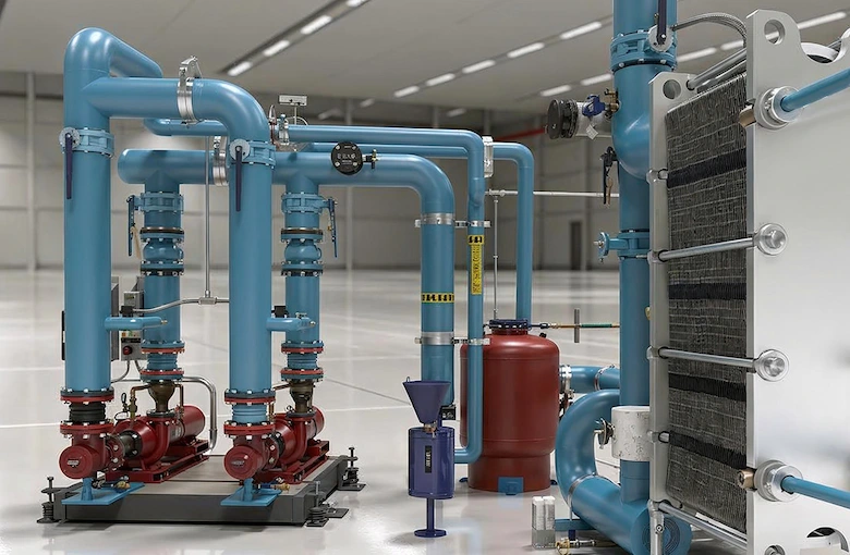 Plate and frame heat exchanger with pumps and piping in a mechanical room