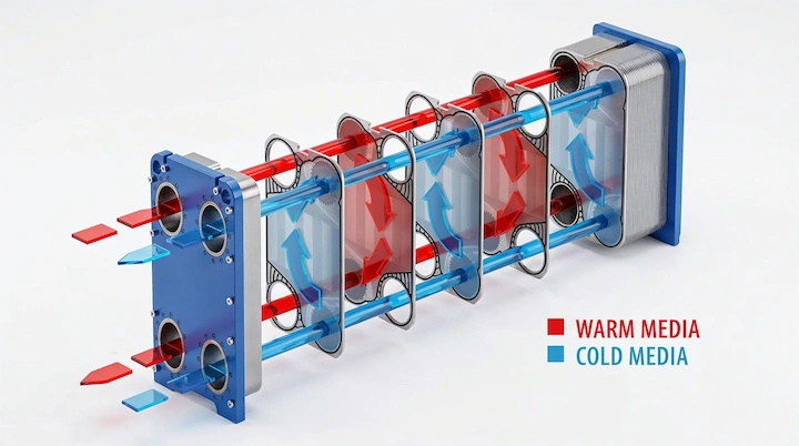 Diagram of a plate and frame heat exchanger showing warm and cold media flow