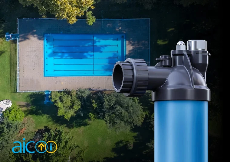 AIC C-Line titanium pool heater beside a backyard swimming pool