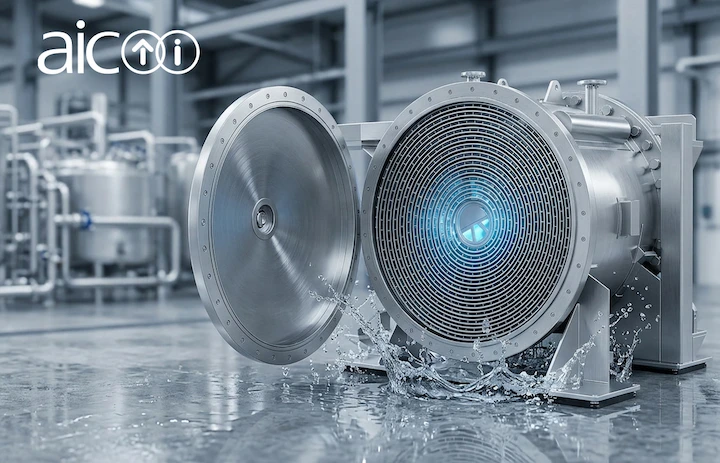 Two AIC spiral heat exchangers in an industrial plant, AIC logo