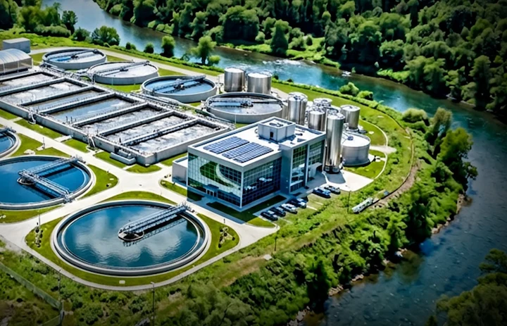 Aerial view of a wastewater treatment plant beside a river