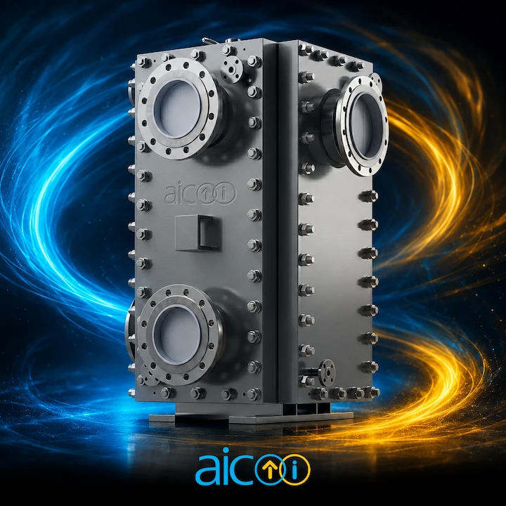 AIC PlateBlock heat exchanger with the AIC logo on a dark background
