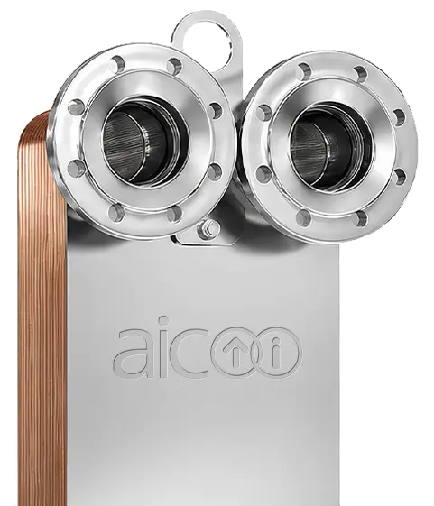 Close-up of an AIC L-Line brazed plate heat exchanger with flanged connections