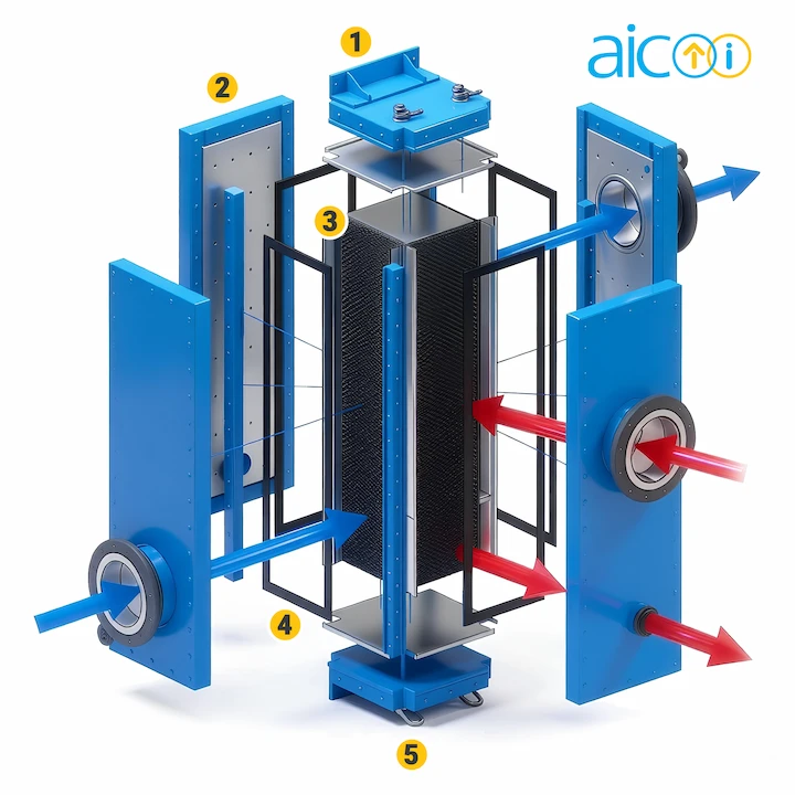 Exploded diagram of an AIC PlateBlock heat exchanger showing the hot and cold flow paths