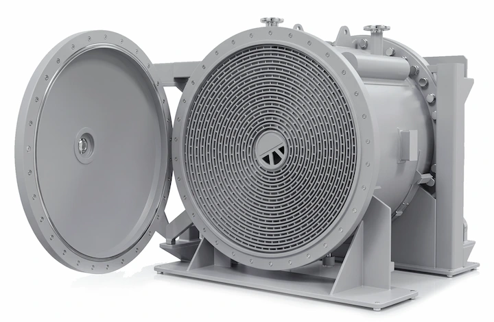 AIC spiral heat exchanger with the cover open to show the spiral channels