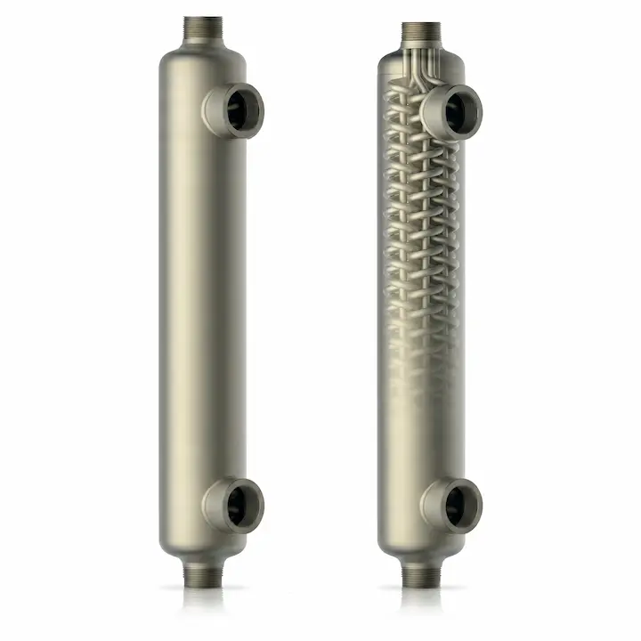 Two AIC TW-Line titanium shell and tube heat exchangers, one cut away to show the tubes