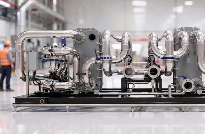 Industrial heat exchanger skid in a manufacturing facility