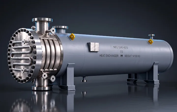 AIC shell and tube heat exchanger on support legs, dark background